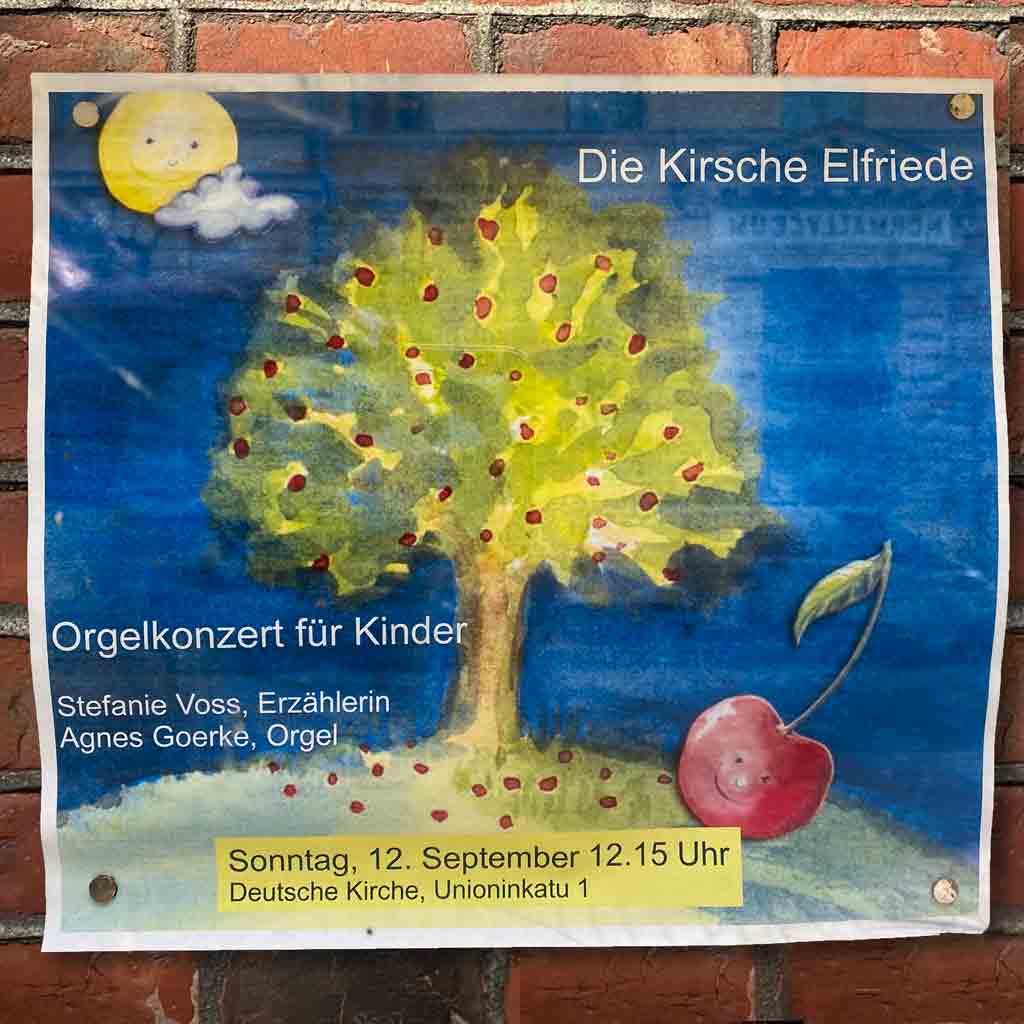 'Die Kirsche Elfriede' —- Orgelkonzert für Kinder am Sonntag, dem 12.9.2021 um 12.15 Uhr in der Deutschen Kirche